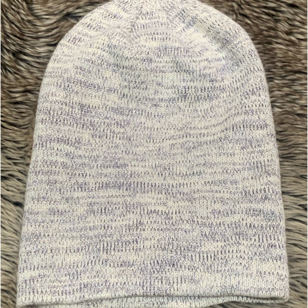 Forever 21 beanie, light gray with purple zigzag sparkle stitching throughout.